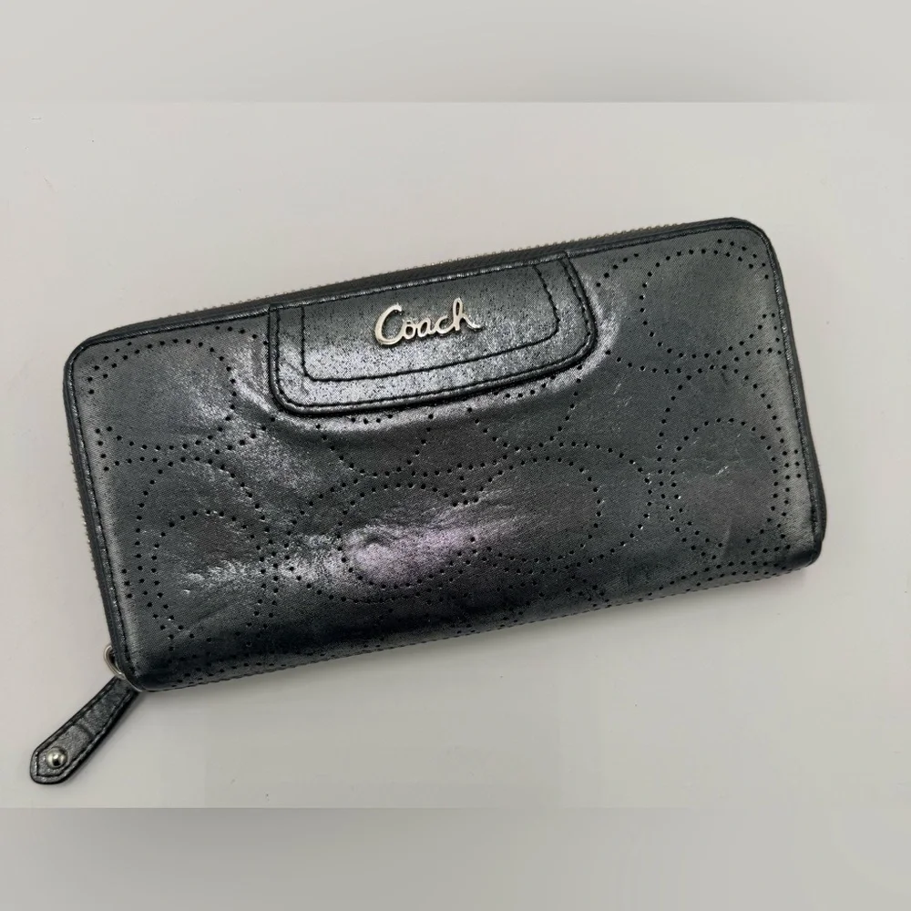 Coach Ashley Metallica Silver Gray Perforated Wallet